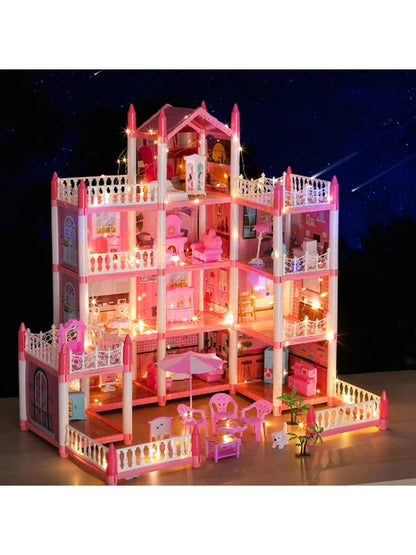 Girls Toddler Doll House - Large Doll House with 4 Dolls, Furniture, Accessories, LED Lights, 4 Stories Princess Dream House Toy