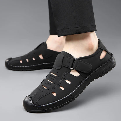 Men's Summer Hollow out Comfortable Breathable Slip-On Leather Shoes Anti-Slip Soft Bottom Outdoor Casual Loafers-1375