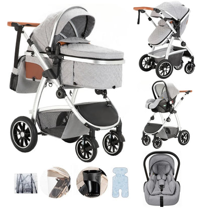 3 in 1 Prams Travel System, Pushchair with Height Adjustable Handle, Travel Pram with Mosquito Net, Baby Stroller with Aluminum
