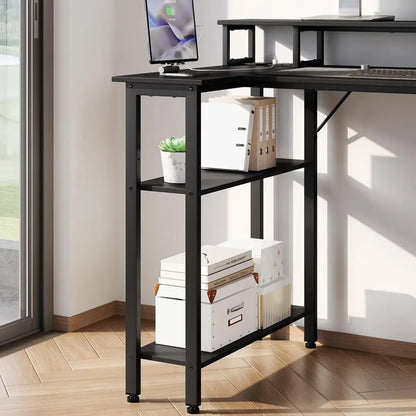 120x70cm L-Shaped Computer Desk with Power Outlets, Monitor Stand and Reversible Shelves, Black