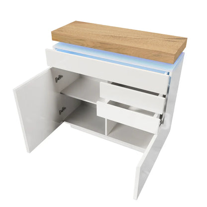 PINGGO Chest of Drawers,High-gloss Sideboard Cabinet with 2 Doors and 3 Drawers,Storage with RGB LED,115 x 110 x 39 cm, White