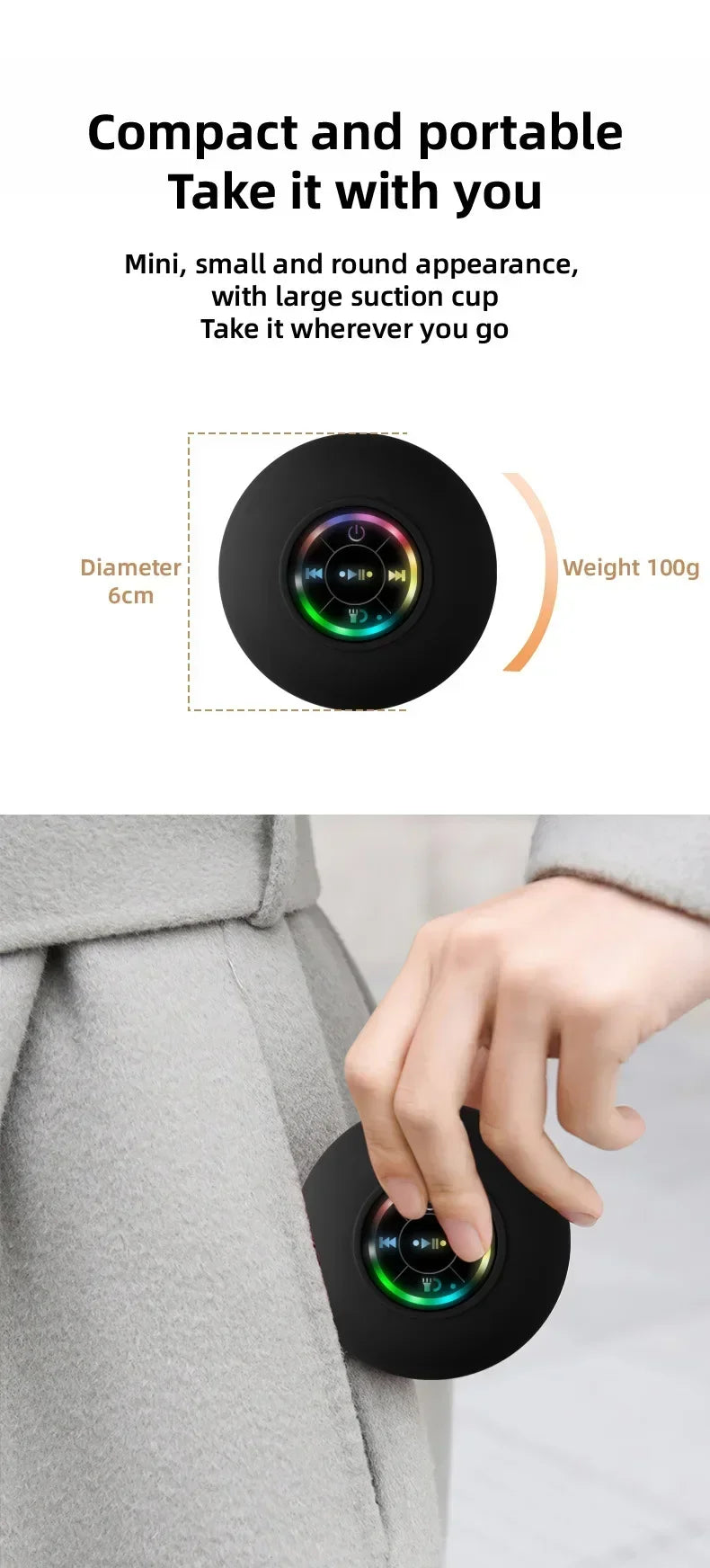 Portable Bluetooth Audio Ipx4 Waterproof Led Lights Bathroom Outdoor Large Suction Cup Can Be Adsorbed Wall Speaker