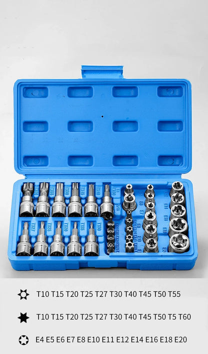 Professional 34pcs Torx Bit Socket & E-Torx Star Socket Set 1/4" 3/8" 1/2" Drive Male Female E-torx Bits Handheld Tool with Case
