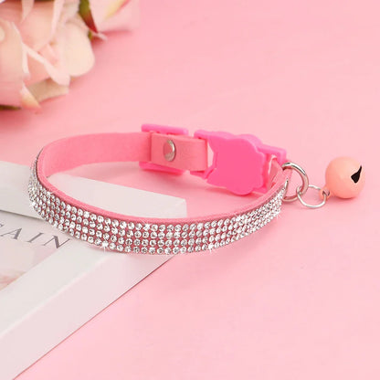 Soft Pink Suede Leather Cat Collar - Cute Bling Rhinestone Design, with Bell & Safety Breakaway Buckle, Adjustable XS/S Sizes