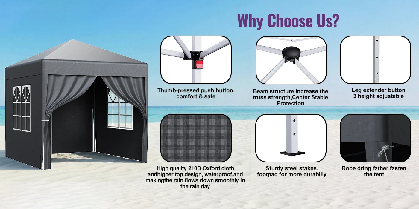 LOEFME 2x2M Pop Up Gazebo Waterproof Windproof Portable Outdoor Canopy Sun Shelter Removable 4 Sides Cloths Garden Camping Tent