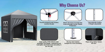 LOEFME 2x2M Pop Up Gazebo Waterproof Windproof Portable Outdoor Canopy Sun Shelter Removable 4 Sides Cloths Garden Camping Tent