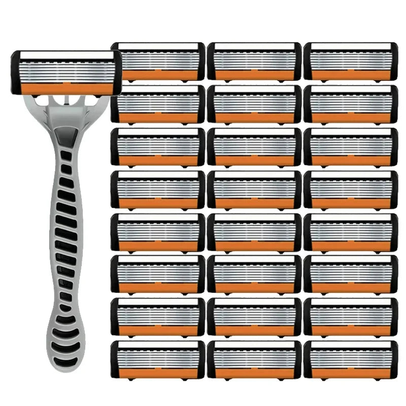 Men's manual razor safety razor 6-layer stainless steel hair removal knife, replaceable razor head, razor tools.