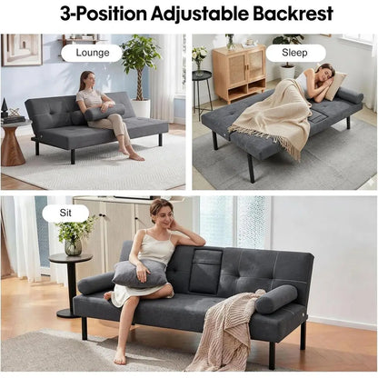 3-Seater Fabric Sofa Bed with Reclining Armrests and Grey Cup Holders