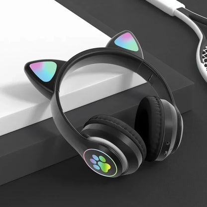Bluetooth 5.0 Stereo With Mic Flash Lamp Cute Cat Ears Headphone Support TF Card Wireless Kids Girl Earphone Birthday Gift