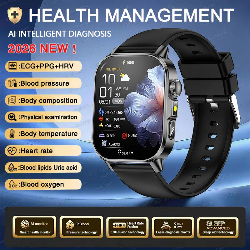 New Men Accurate Health Diagnosis ECG Smart Watch Blood Pressure Blood Oxygen Blood Fat Uric Acid Temp Bluetooth call Smartwatch