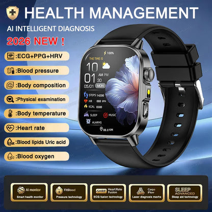 New Men Accurate Health Diagnosis ECG Smart Watch Blood Pressure Blood Oxygen Blood Fat Uric Acid Temp Bluetooth call Smartwatch