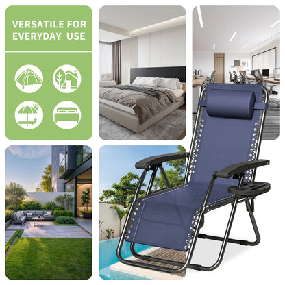 Zero Gravity Reclining Chair Set of 2 – Folding Outdoor & Garden Chairs with Textilene Fabric, Cup Holder and Headrest Pillow