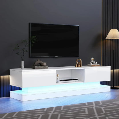 Frontal high-gloss TV stand with 16 RGB LEDs, 2 drawers, and 1 open storage space for 70-79-inch TV stand in living room