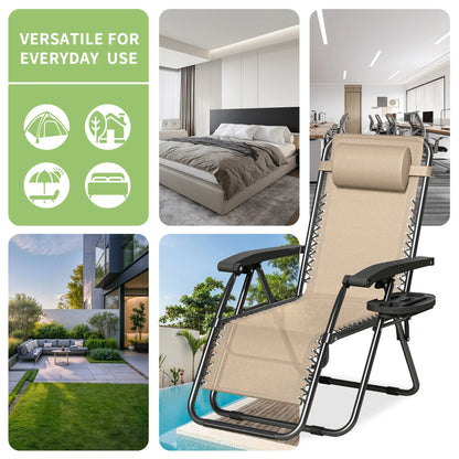 Zero Gravity Reclining Chair Set of 2 – Folding Outdoor & Garden Chairs with Textilene Fabric, Cup Holder and Headrest Pillow