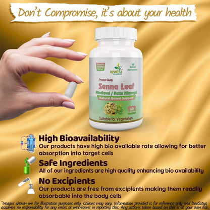 Ayushya Senna Leaf (Cassia angustifolia) Capsules Digestive Regularity Support - Vegan, Gluten Free, Non-GMO, 60 Capsules