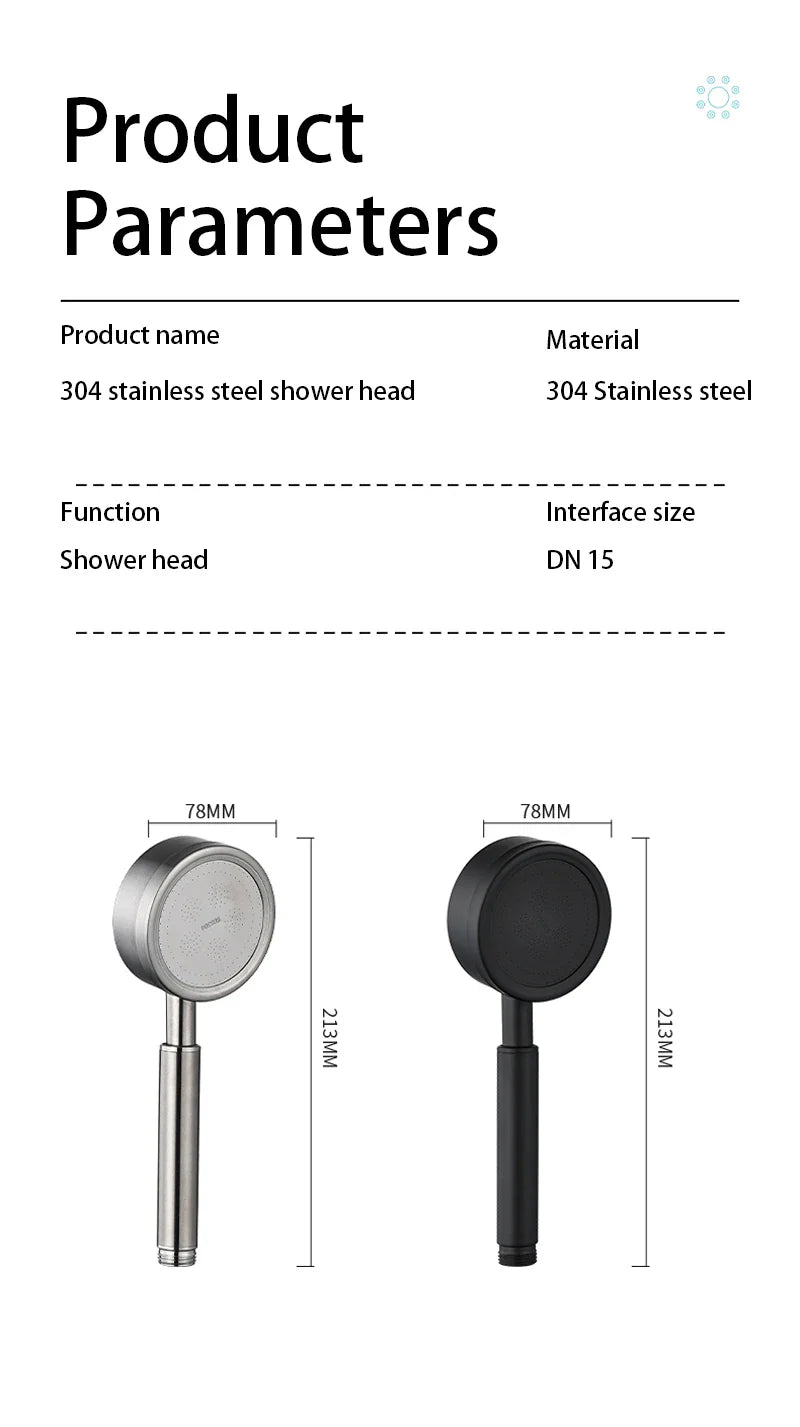SUS 304 Stainless Steel Bathroom Handheld Shower Head High Pressure Water Saving Sprayer Nozzle Supercharged Rainfall Showerhead