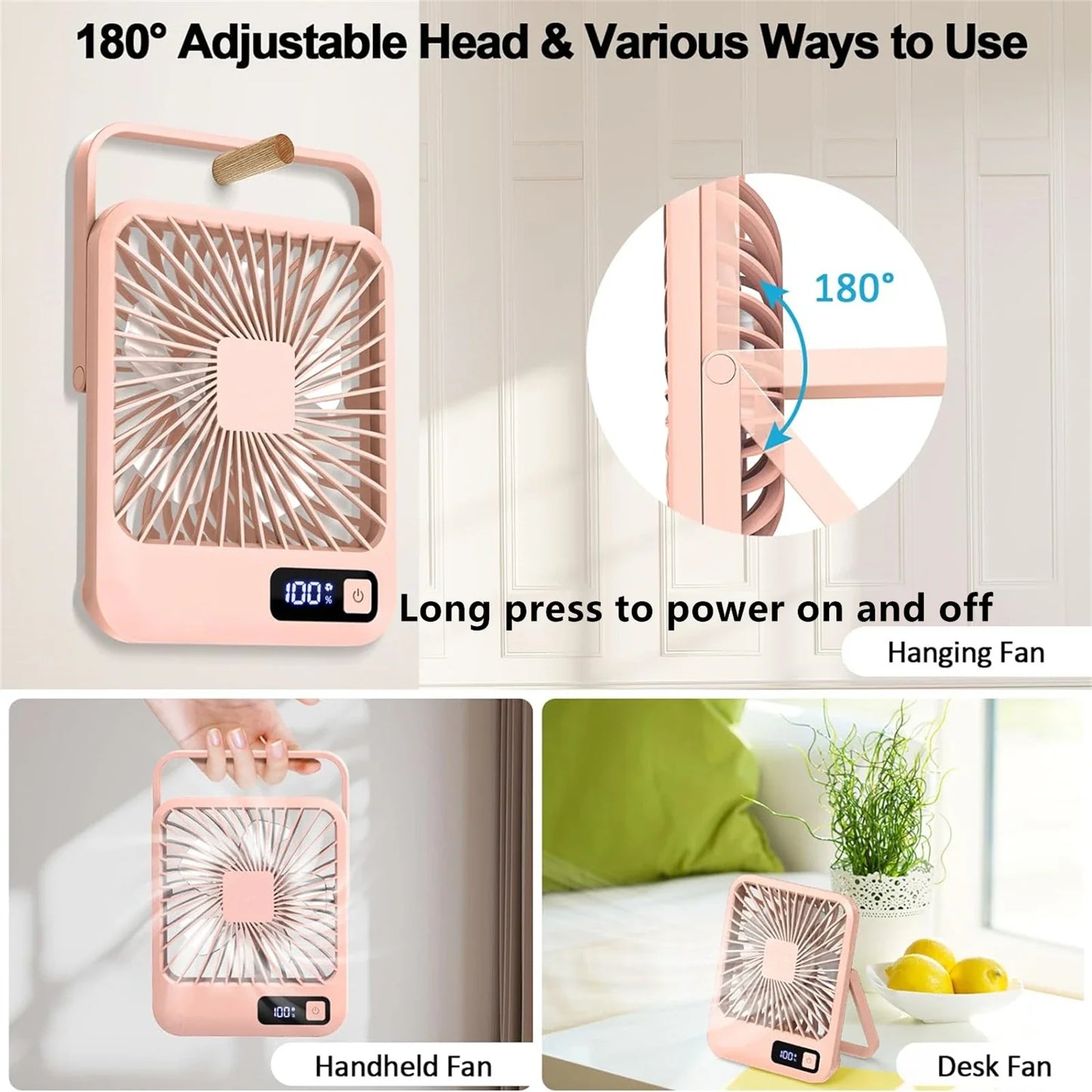 Desk Fan, Portable USB Rechargeable Fan, 180° Tilt Folding Personal Fan With Power Display, 5 Speeds Ultra Quiet Table Fan