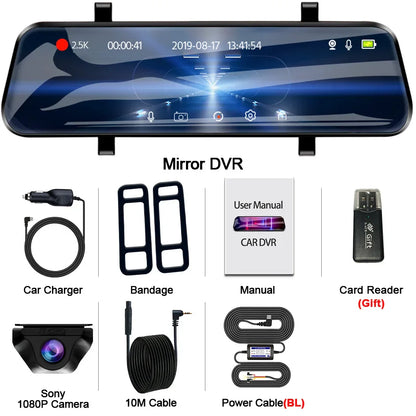 E-ACE 2.5K Mirror Camera For Car Touch Screen Video Recorder Rearview Mirror Dashcam 1440P GPS Wifi 24H Parking DVR Black Box