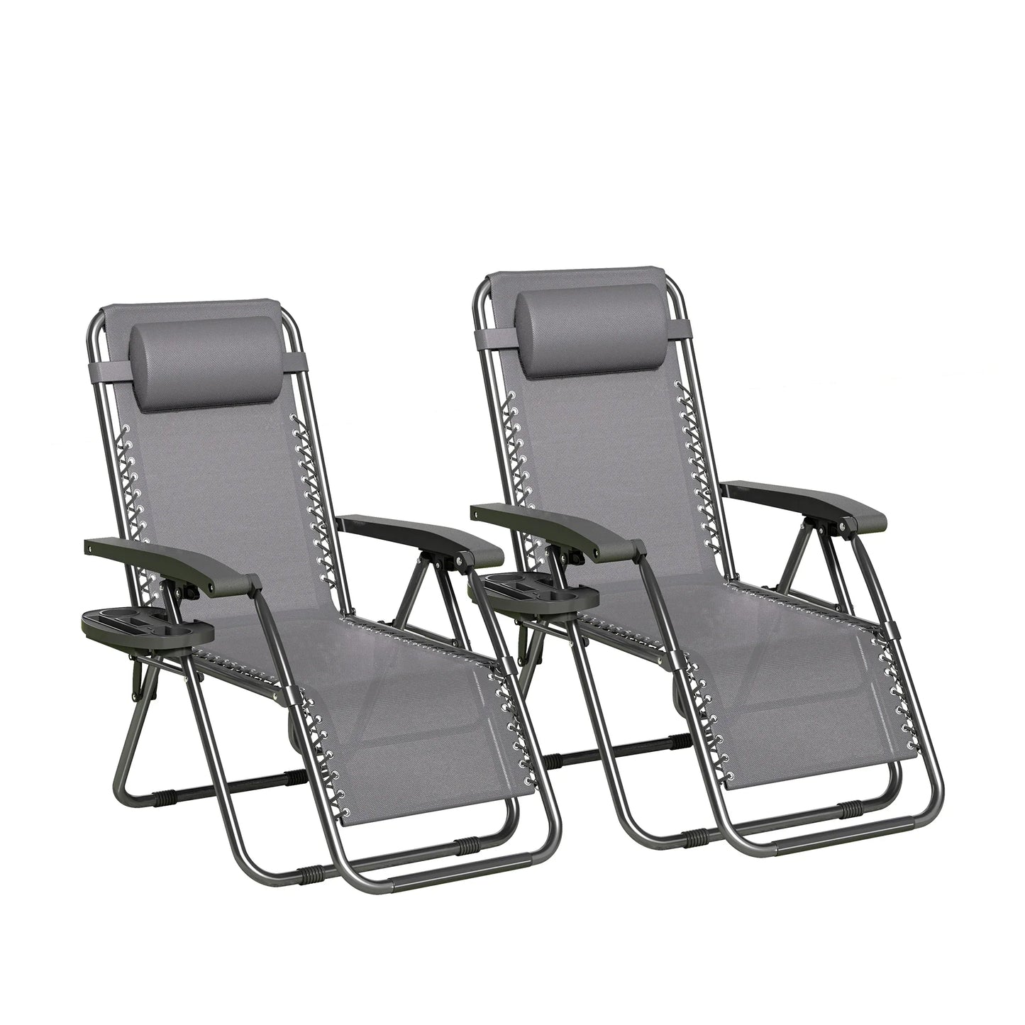 Zero Gravity Reclining Chair Set of 2 – Folding Outdoor & Garden Chairs with Textilene Fabric, Cup Holder and Headrest Pillow