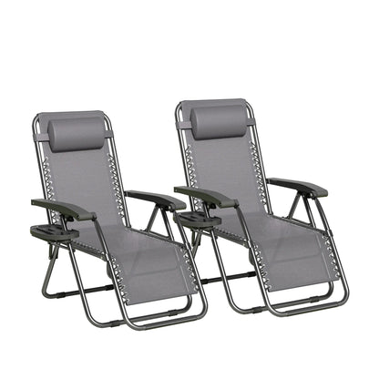 Zero Gravity Reclining Chair Set of 2 – Folding Outdoor & Garden Chairs with Textilene Fabric, Cup Holder and Headrest Pillow
