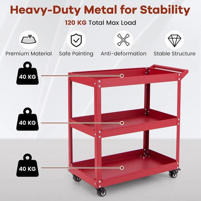 Sturdy 3-Tier Metal Tool Cart with Lockable Wheels, Red - Ideal for Workshop, Garage, Kitchen Storage