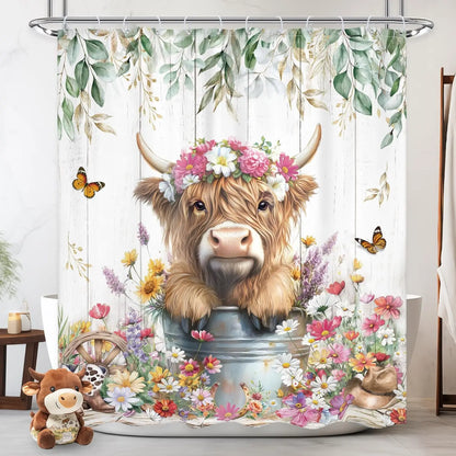 Funny Pig Shower Curtain Farmhouse Rustic Farm Animal in Bathtub Cute Western Country Shower Curtain Bathroom Set Pink Floral