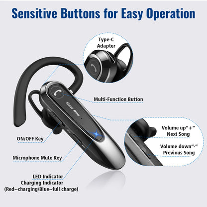 New Bee B45 Bluetooth Headset Wireless Earpiece for Driving Earphone with Dual Mic Earbuds CVC8.0 Noise Reduction Headphones