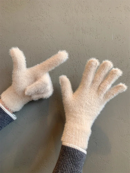 Fashion Winter Mink Velvet Five Finger Gloves Plush Warm Cold-proof Gloves Women Outdoors Cycling Solid Color Wistiti Mittens