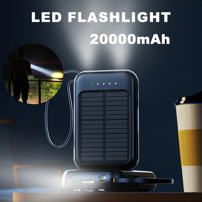 20000mAh Portable Solar Power Bank Built in 4 Cables External Battery Pack  Mini Powerbank  with LED Light for Cell Phones