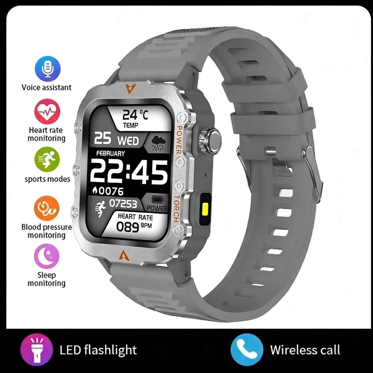 LAXASFIT 2026 New Men's Smart Watch Outdoor Sports Watch 1.85 Inch Voice Assistant Bluetooth Call LED Flashlight Smartwatch