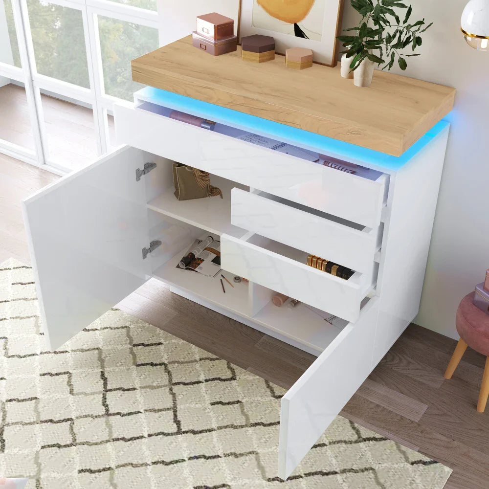 PINGGO Chest of Drawers,High-gloss Sideboard Cabinet with 2 Doors and 3 Drawers,Storage with RGB LED,115 x 110 x 39 cm, White