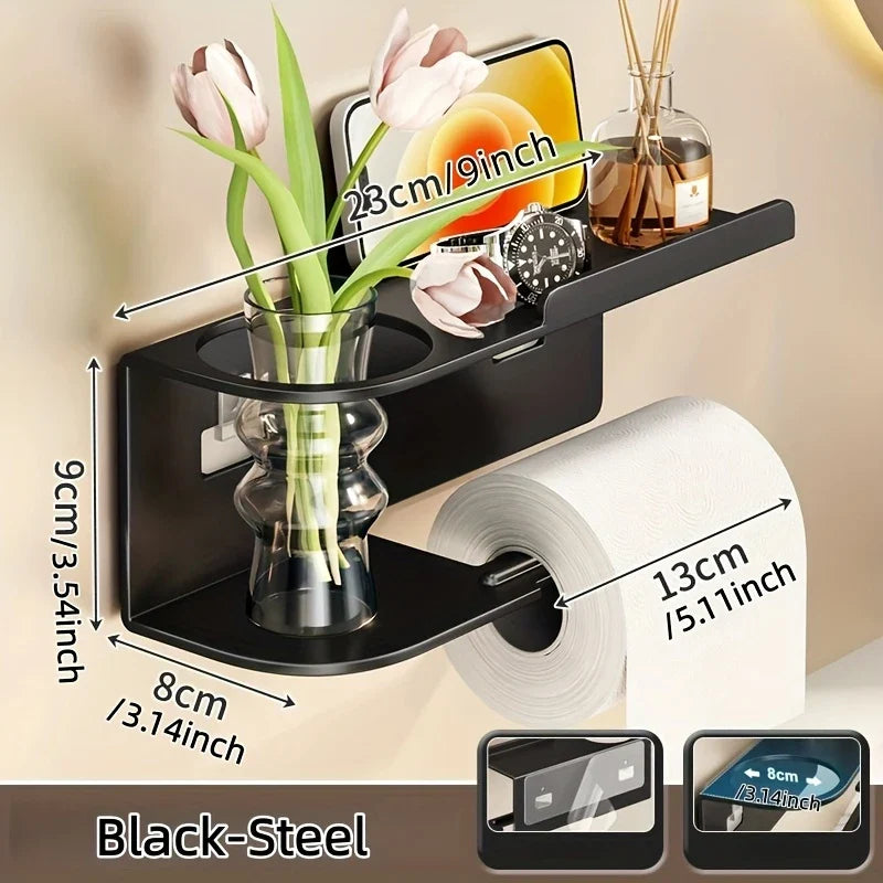 Self Adhesive Toilet Paper Holder with Phone Shelf Stainless Steel Wall Mounted Toilet Paper Roll Holder - Rustproof