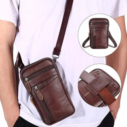 Leather Waist Bag Men's Mobile Phone Bag Wearing Belt Outdoor Sport One Shoulder Small Bag Doing Business Crossbody Bags