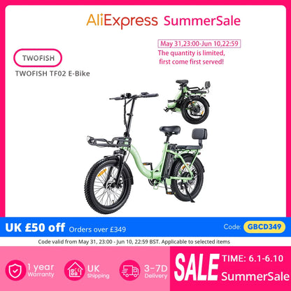 UK Stock TWOFISH TF02 E-Bike: 250W, 36V 17.8Ah, 20"x4" Tyres, 25km/h Max Speed, 100km Max Range, Disc Brakes, Front Suspension