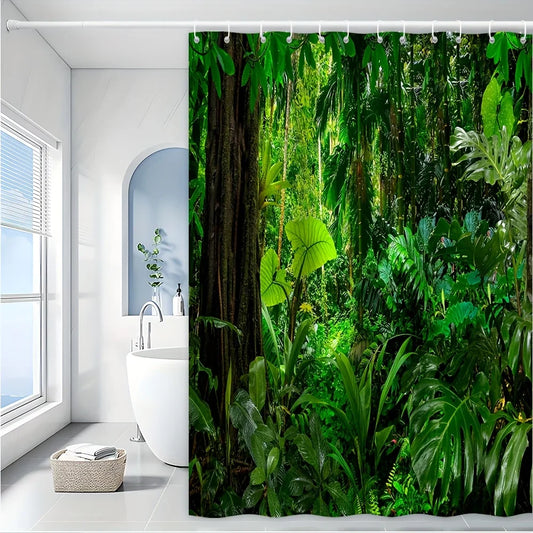 Lush Tropical Jungle Bath Curtain - Vibrant Greenery & Exotic Plants,Waterproof Home Decor Adds Nature's Beauty to Your Bathroom