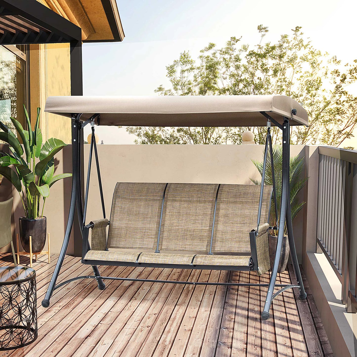 Outsunny 3 Seater Garden Swing Seat Outdoor Swing Chair with High Back Design, Steel Frame, Side Pouches, Adjustable Canopy