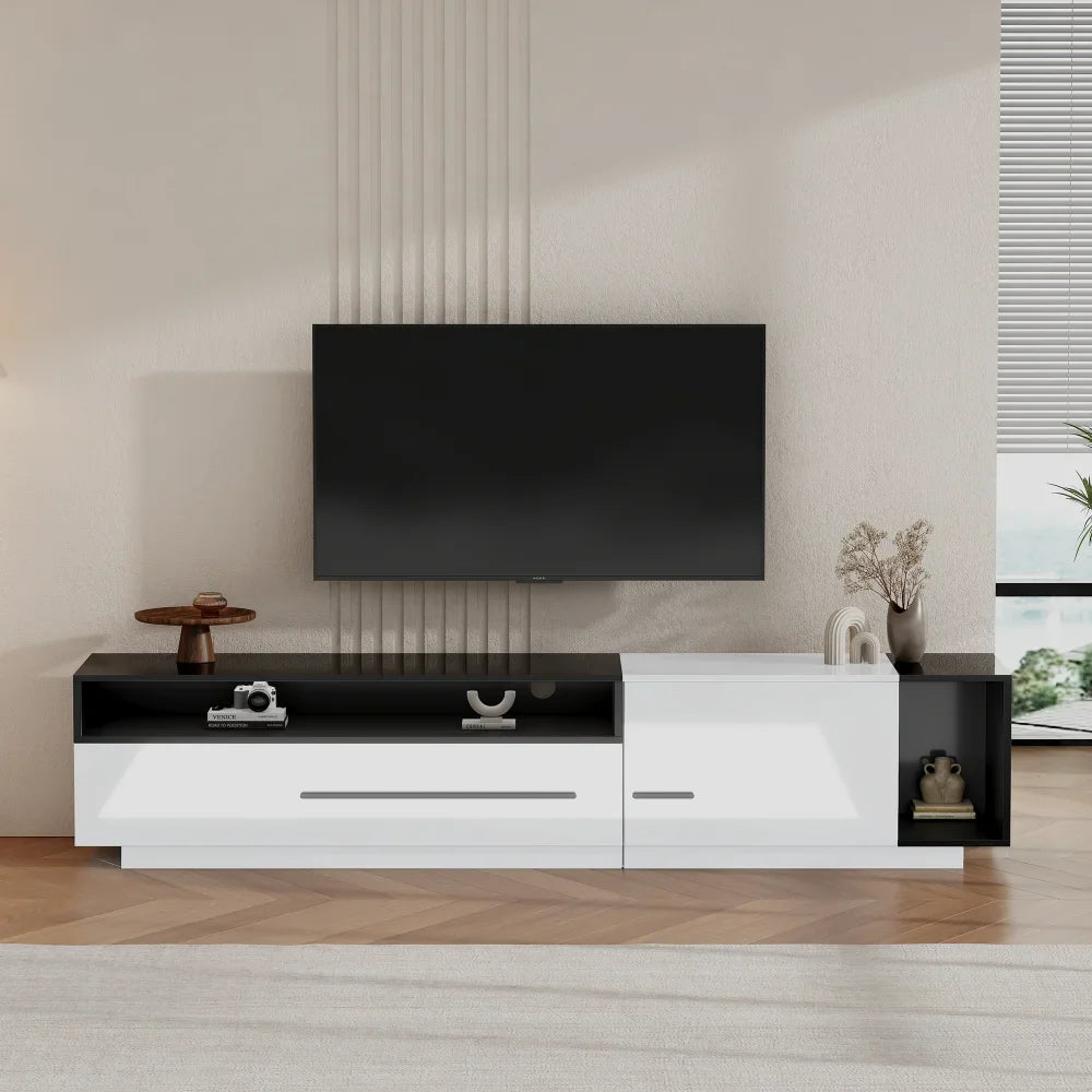 PINGGO 70 Inch High Gloss TV Stand, Entertainment Center for 60 to 70 Inch TVs with 2 Closed Storage Spaces,Living Room TV Stand