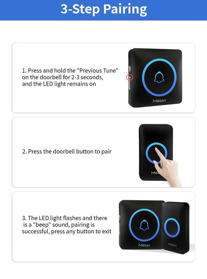 Meian IP65 Waterproof Wireless Doorbell Smart Home Outdoor Door Bell 60 Ringtone 5 Volume Adjustable LED Flash Smart Door Bell