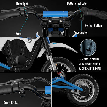 Children's Electric Dirt Bike EVERCROSS PLUS EV12M Pro - 300W, 25 km/h, 15 km Range, Bluetooth & LED, 12'' Tires