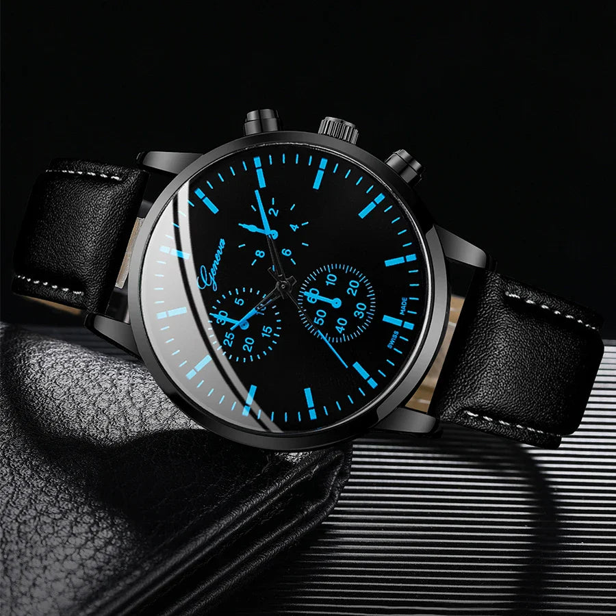 3PCS/Set Men Business Watches Casual Leather Band Analog Male's Quartz Watch Necklace Bracelet Set