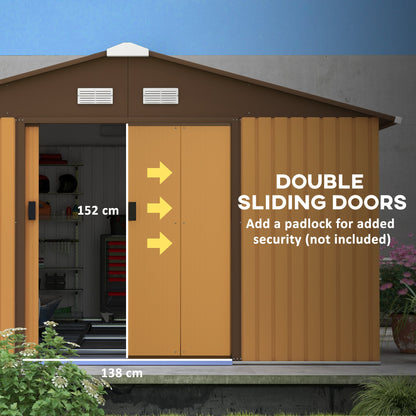 Outsunny 13 x 11ft Metal Garden Shed, Outdoor Storage Tool House with Ventilation Slots, Foundation Kit and Lockable Double Doors, Light Brown