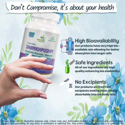 Ayushya Shankhpushpi Capsules (Morning Glory) Calm Focus Support - Vegan, Gluten Free, Non-GMO, 60 Capsules