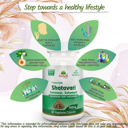Aushadh Shatavari Capsules (Wild Asparagus) Women’s Wellness Support - Vegan, Gluten Free, Non-GMO, 60 Capsules