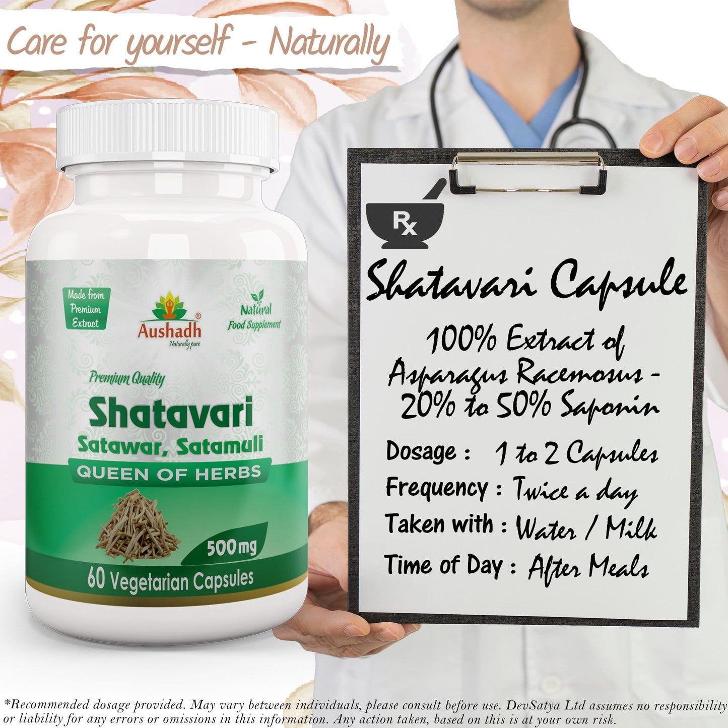 Aushadh Shatavari Capsules (Wild Asparagus) Women’s Wellness Support - Vegan, Gluten Free, Non-GMO, 60 Capsules