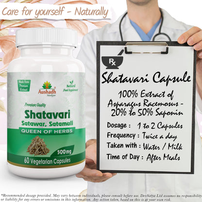 Aushadh Shatavari Capsules (Wild Asparagus) Women’s Wellness Support - Vegan, Gluten Free, Non-GMO, 60 Capsules
