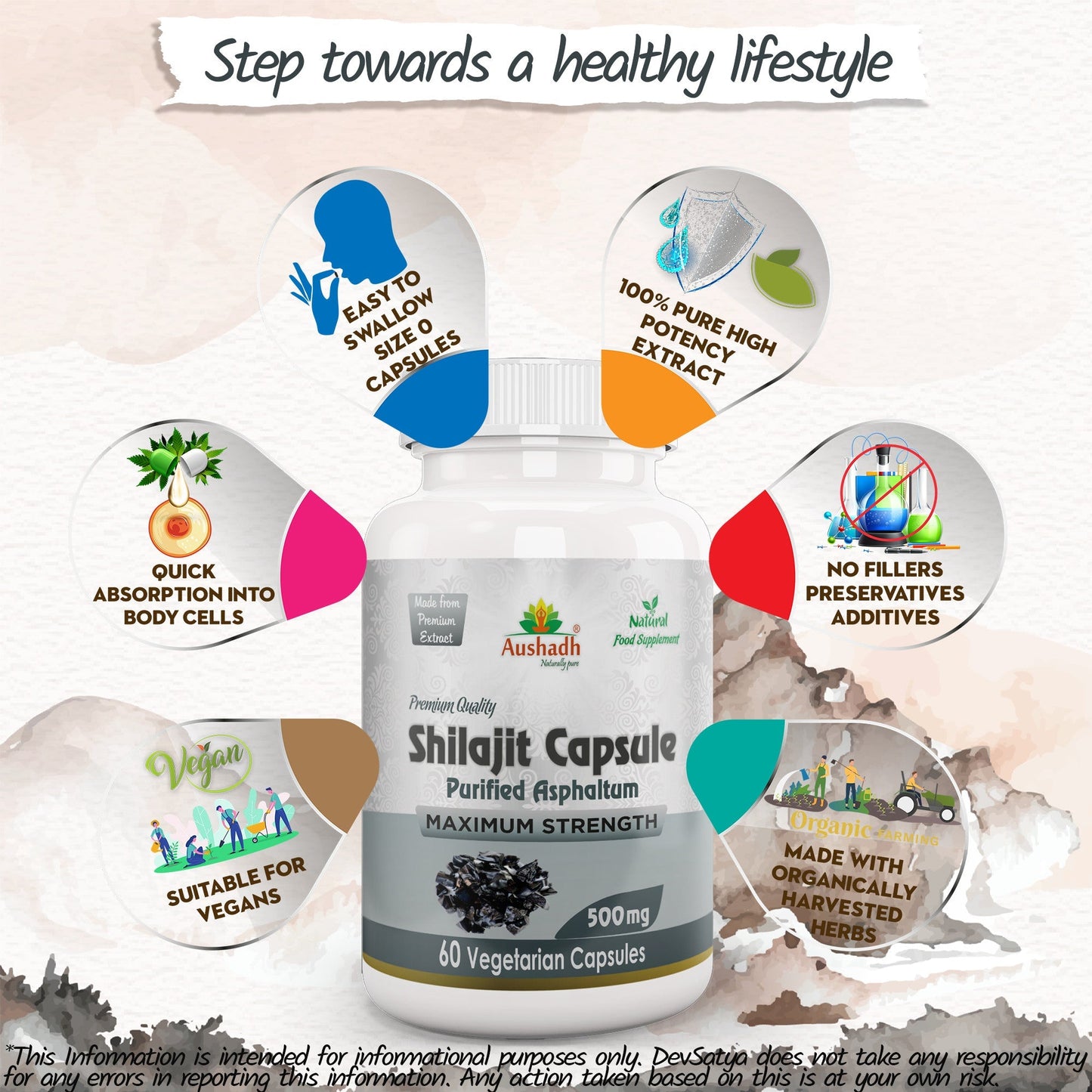 Aushadh Shilajit Capsules (Mineral Pitch) Energy & Vitality Support - Vegan, Gluten Free, Non-GMO, 60 Capsules