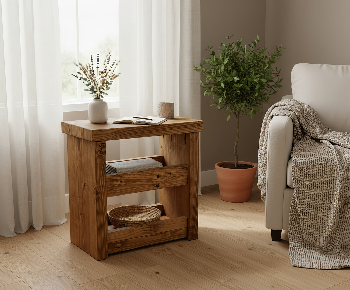 Solid Wood Rustic Coffee Table with Shelf