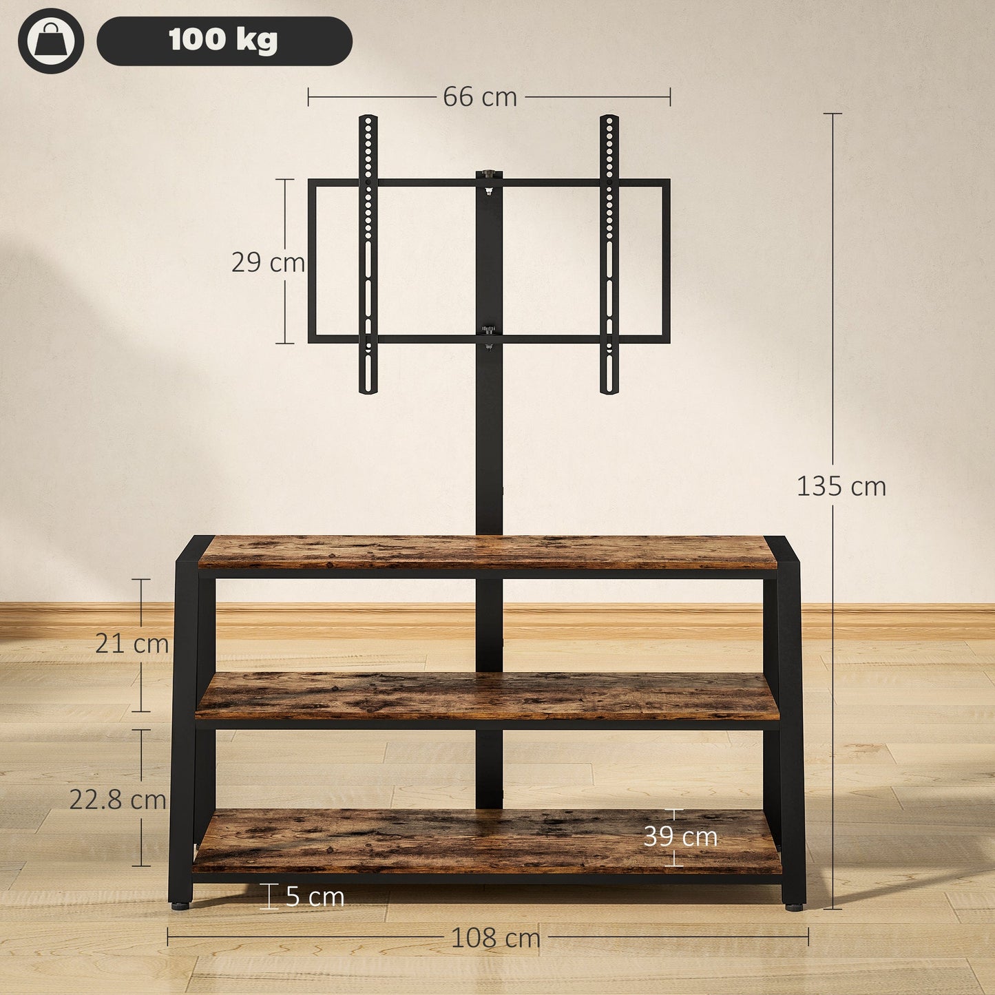 HOMCOM Industrial-Style TV Stand, with 35° Swivel Bracket - Dark Brown