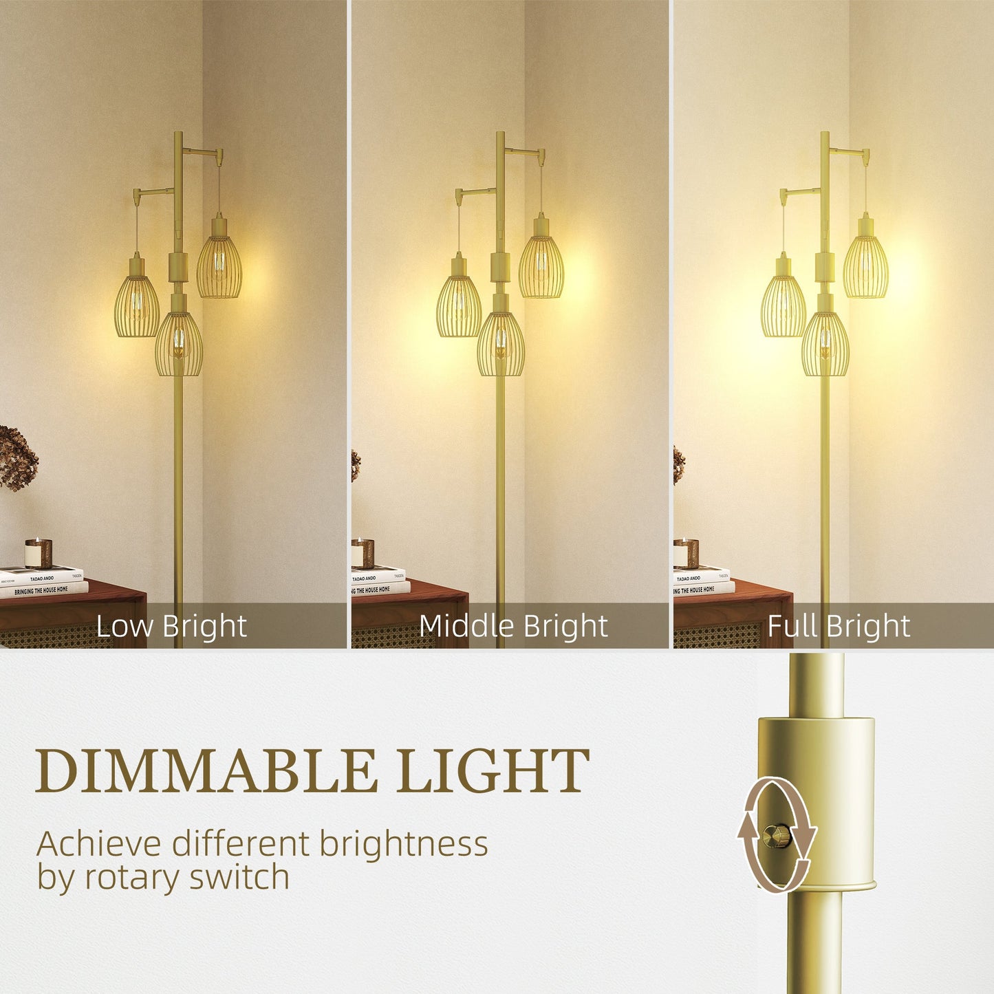HOMCOM 3-Light Floor Lamp, 170cm Industrial Dimmable Standing Lamp with Steel Wire Cage Lampshades for Living Room, Bedroom, Dining Room, Study, Gold Tone