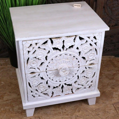Sohani Wooden Carved Bedside Table Cabinet Distressed White